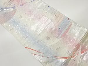 変わり鶴に花々・横縞模様織出し袋帯